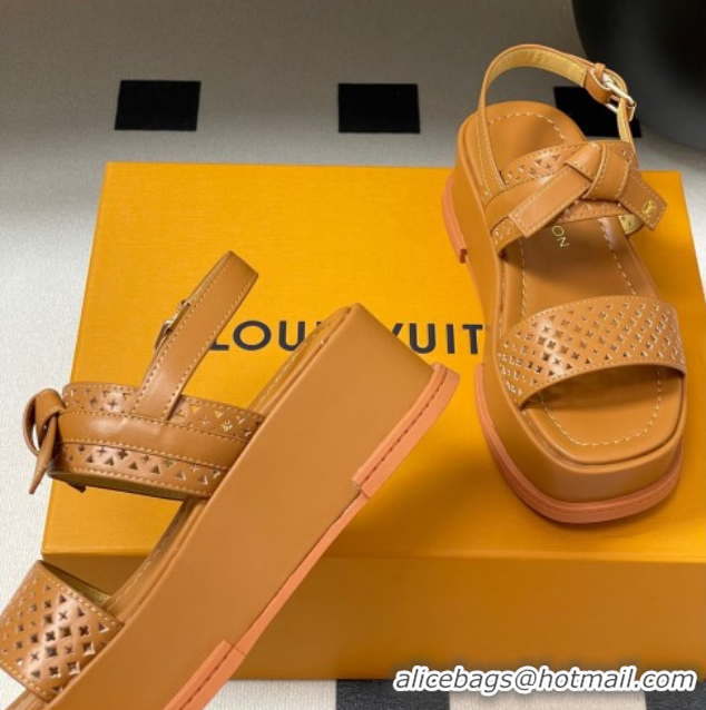 Pretty Style Louis Vuitton Maya Platform Comfort Sandals 5cm in Perforated Calf Leather with Bow Brown 0607072