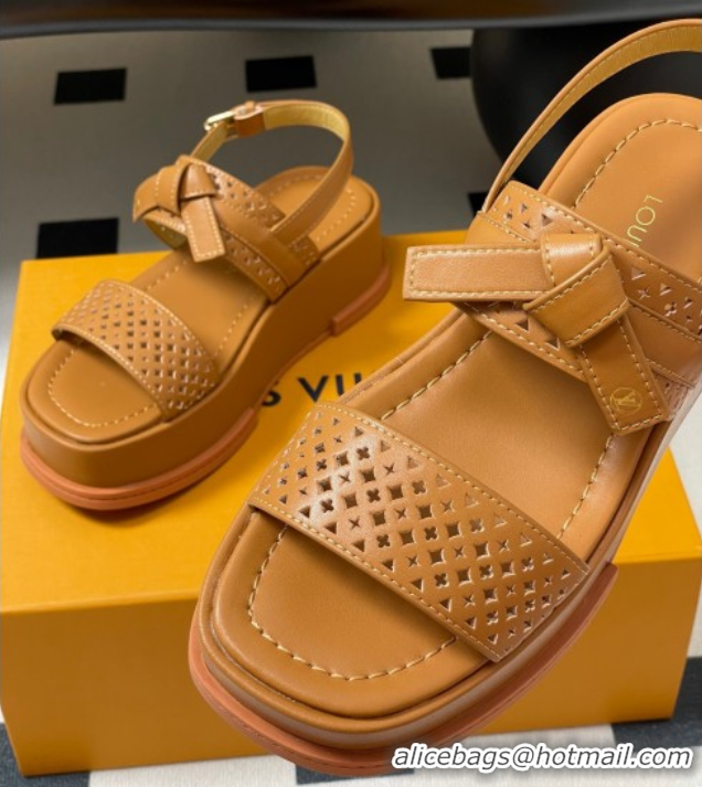 Pretty Style Louis Vuitton Maya Platform Comfort Sandals 5cm in Perforated Calf Leather with Bow Brown 0607072