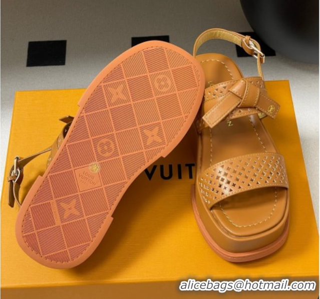 Pretty Style Louis Vuitton Maya Platform Comfort Sandals 5cm in Perforated Calf Leather with Bow Brown 0607072