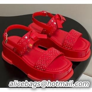 Best Grade Louis Vuitton Maya Platform Comfort Sandals 5cm in Perforated Patent Leather with Bow Red 0607073