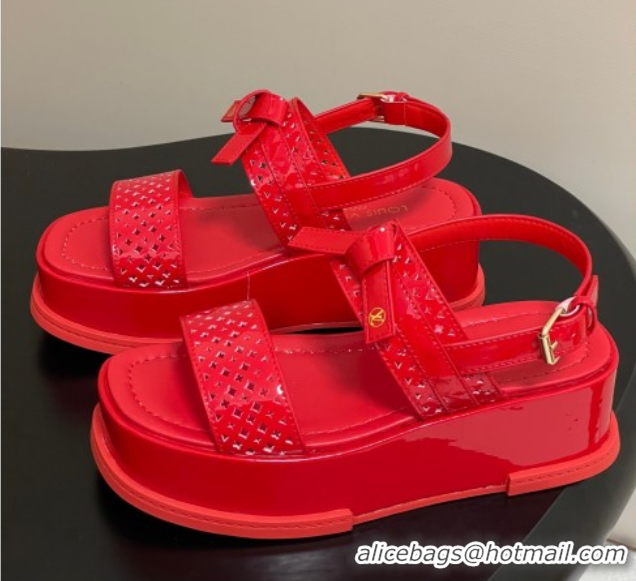 Best Grade Louis Vuitton Maya Platform Comfort Sandals 5cm in Perforated Patent Leather with Bow Red 0607073