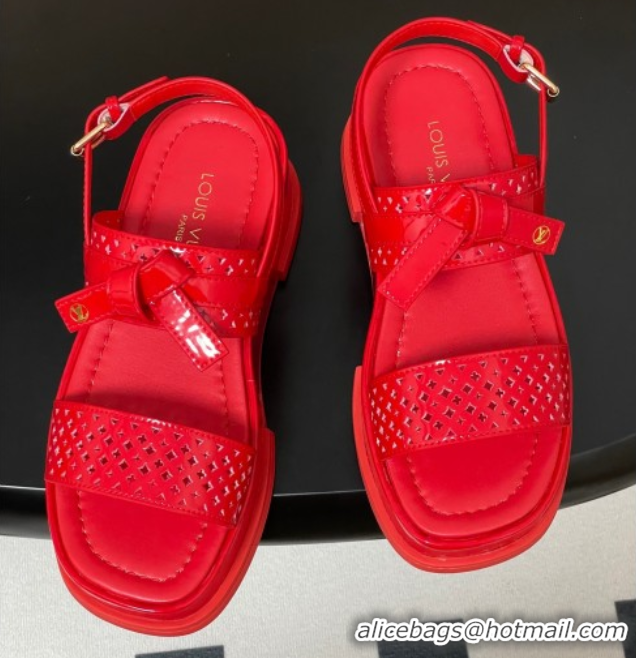 Best Grade Louis Vuitton Maya Platform Comfort Sandals 5cm in Perforated Patent Leather with Bow Red 0607073
