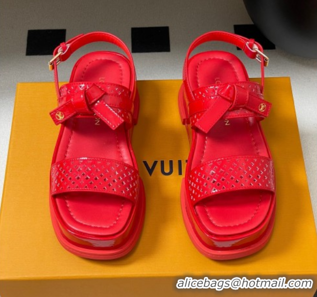 Best Grade Louis Vuitton Maya Platform Comfort Sandals 5cm in Perforated Patent Leather with Bow Red 0607073