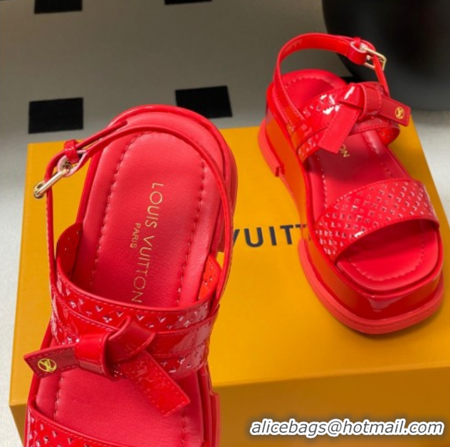 Best Grade Louis Vuitton Maya Platform Comfort Sandals 5cm in Perforated Patent Leather with Bow Red 0607073