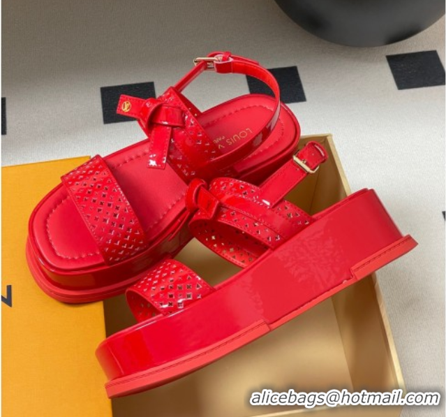 Best Grade Louis Vuitton Maya Platform Comfort Sandals 5cm in Perforated Patent Leather with Bow Red 0607073