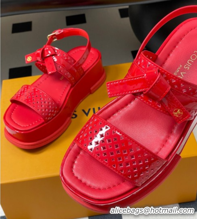 Best Grade Louis Vuitton Maya Platform Comfort Sandals 5cm in Perforated Patent Leather with Bow Red 0607073