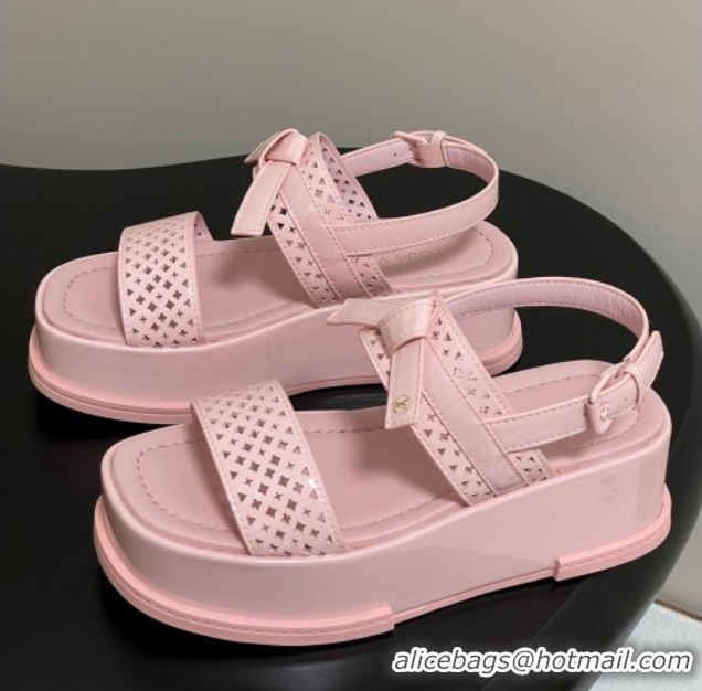 Top Grade Louis Vuitton Maya Platform Comfort Sandals 5cm in Perforated Patent Leather with Bow Light Pink 0607074