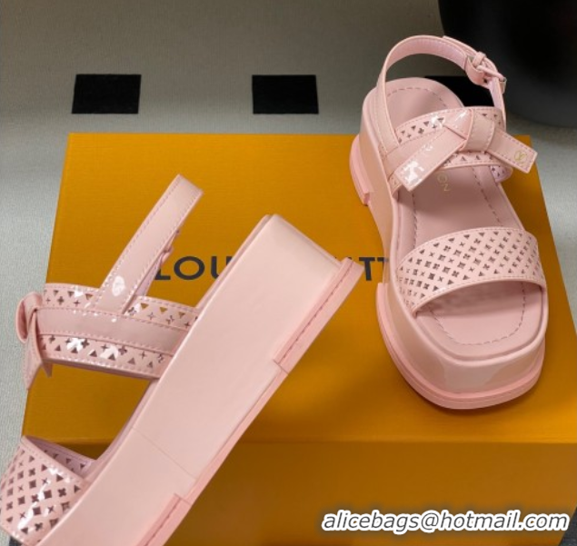 Top Grade Louis Vuitton Maya Platform Comfort Sandals 5cm in Perforated Patent Leather with Bow Light Pink 0607074