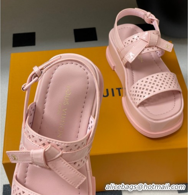 Top Grade Louis Vuitton Maya Platform Comfort Sandals 5cm in Perforated Patent Leather with Bow Light Pink 0607074