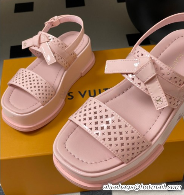 Top Grade Louis Vuitton Maya Platform Comfort Sandals 5cm in Perforated Patent Leather with Bow Light Pink 0607074