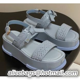 Good Quality Louis Vuitton Maya Platform Comfort Sandals 5cm in Perforated Patent Leather with Bow Light Blue 0607075