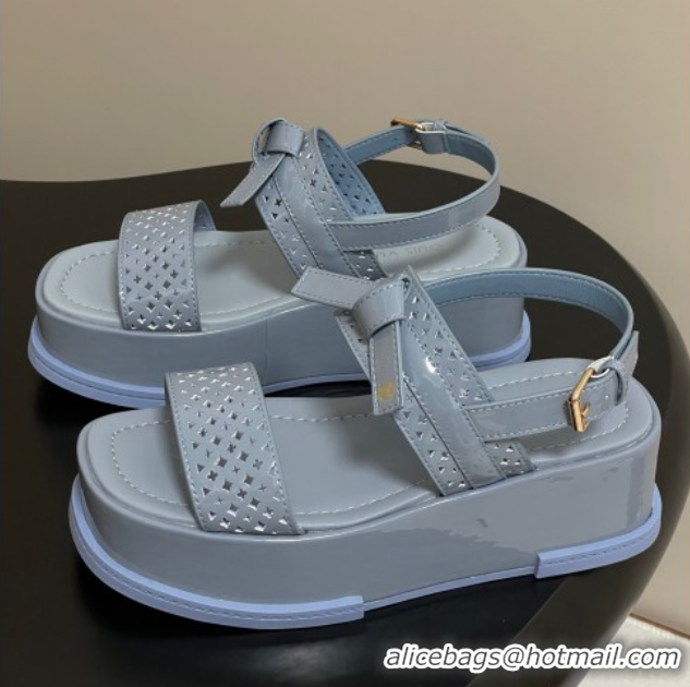 Good Quality Louis Vuitton Maya Platform Comfort Sandals 5cm in Perforated Patent Leather with Bow Light Blue 0607075