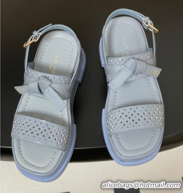 Good Quality Louis Vuitton Maya Platform Comfort Sandals 5cm in Perforated Patent Leather with Bow Light Blue 0607075