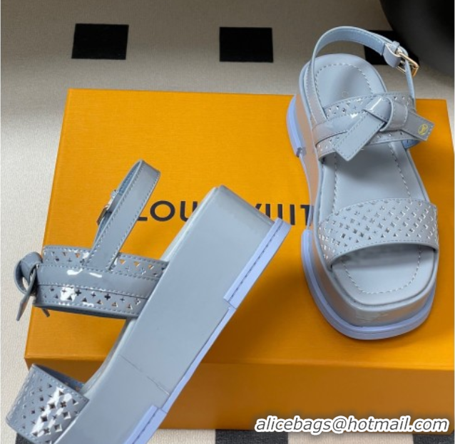Good Quality Louis Vuitton Maya Platform Comfort Sandals 5cm in Perforated Patent Leather with Bow Light Blue 0607075