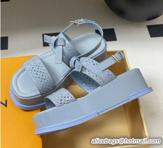 Good Quality Louis Vuitton Maya Platform Comfort Sandals 5cm in Perforated Patent Leather with Bow Light Blue 0607075