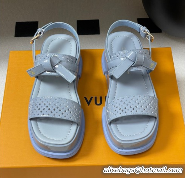 Good Quality Louis Vuitton Maya Platform Comfort Sandals 5cm in Perforated Patent Leather with Bow Light Blue 0607075