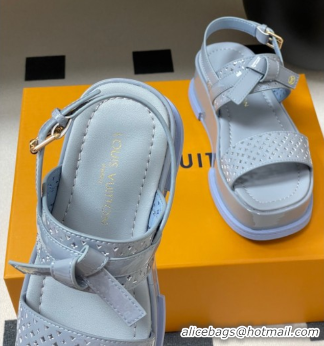 Good Quality Louis Vuitton Maya Platform Comfort Sandals 5cm in Perforated Patent Leather with Bow Light Blue 0607075