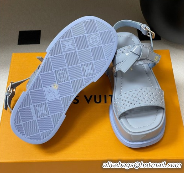 Good Quality Louis Vuitton Maya Platform Comfort Sandals 5cm in Perforated Patent Leather with Bow Light Blue 0607075