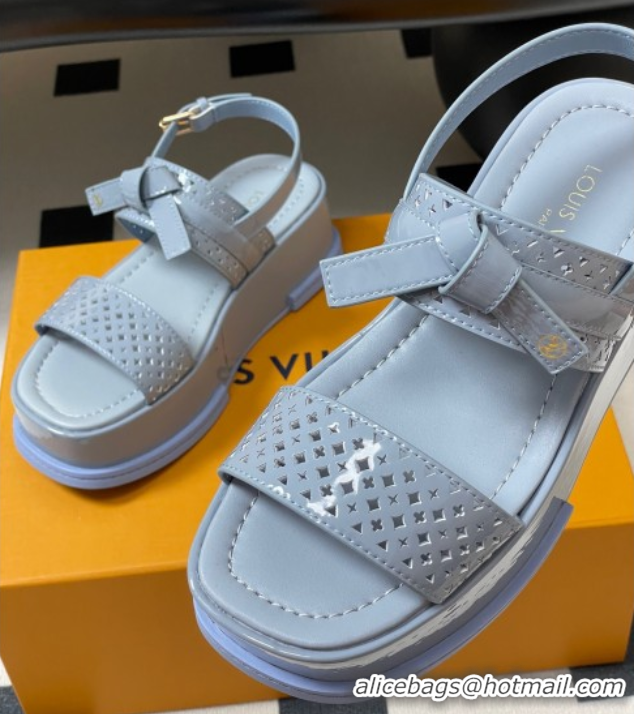 Good Quality Louis Vuitton Maya Platform Comfort Sandals 5cm in Perforated Patent Leather with Bow Light Blue 0607075
