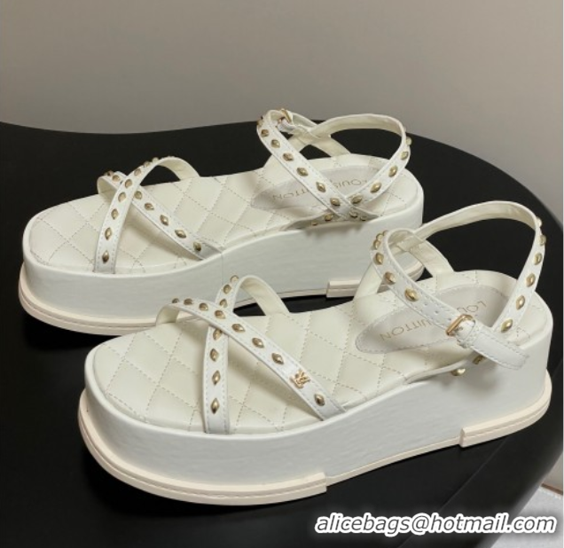 Top Design Louis Vuitton Maya Platform Crisscross Sandals 5cm in Leather and Studs White 0607077