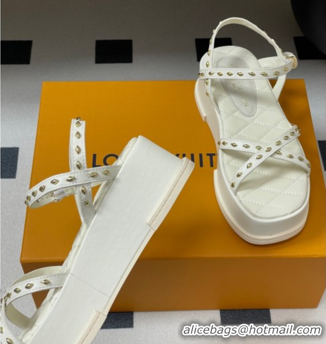 Top Design Louis Vuitton Maya Platform Crisscross Sandals 5cm in Leather and Studs White 0607077