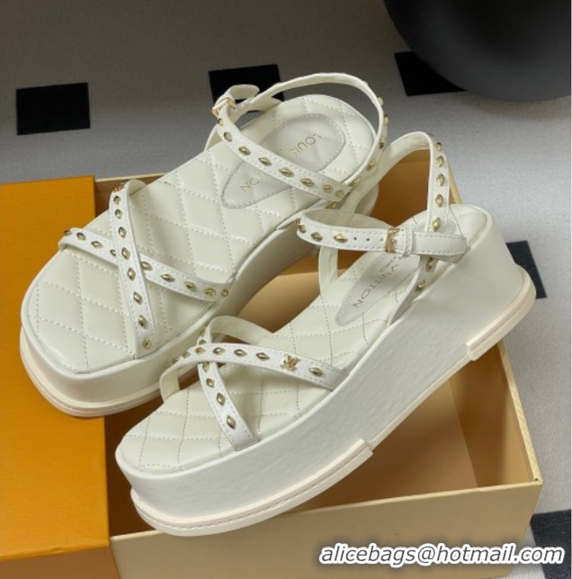 Top Design Louis Vuitton Maya Platform Crisscross Sandals 5cm in Leather and Studs White 0607077