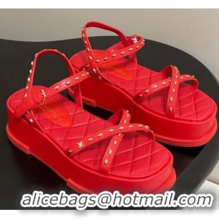 Luxurious Louis Vuitton Maya Platform Crisscross Sandals 5cm in Leather and Studs Red 0607078