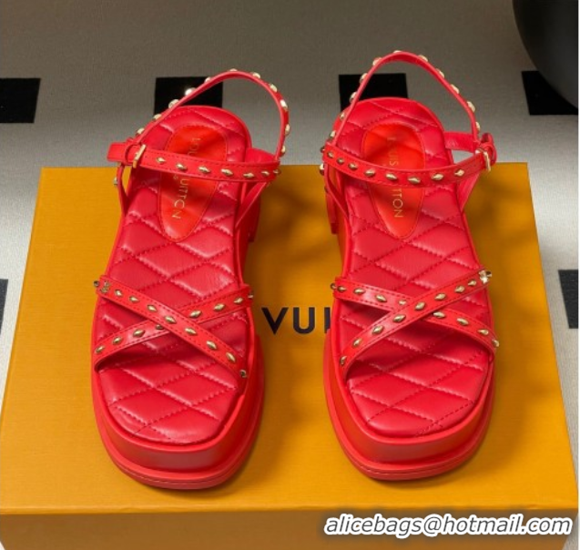 Luxurious Louis Vuitton Maya Platform Crisscross Sandals 5cm in Leather and Studs Red 0607078