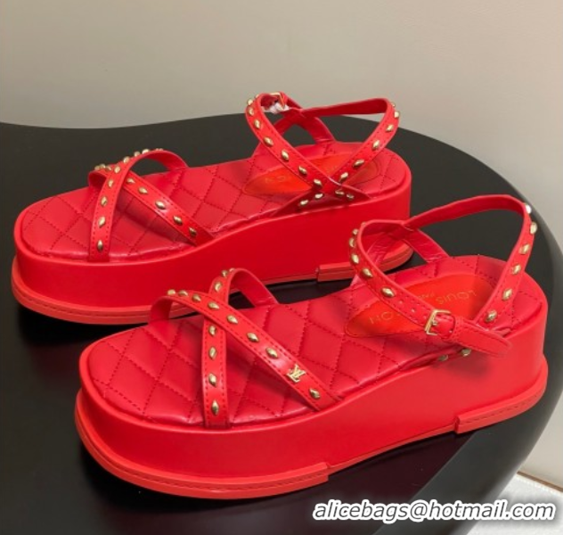 Luxurious Louis Vuitton Maya Platform Crisscross Sandals 5cm in Leather and Studs Red 0607078