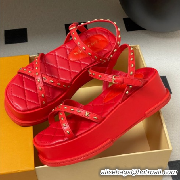 Luxurious Louis Vuitton Maya Platform Crisscross Sandals 5cm in Leather and Studs Red 0607078