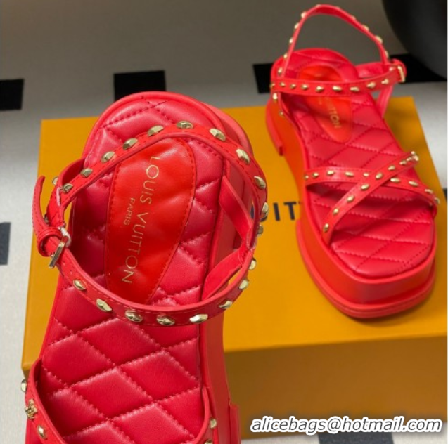 Luxurious Louis Vuitton Maya Platform Crisscross Sandals 5cm in Leather and Studs Red 0607078