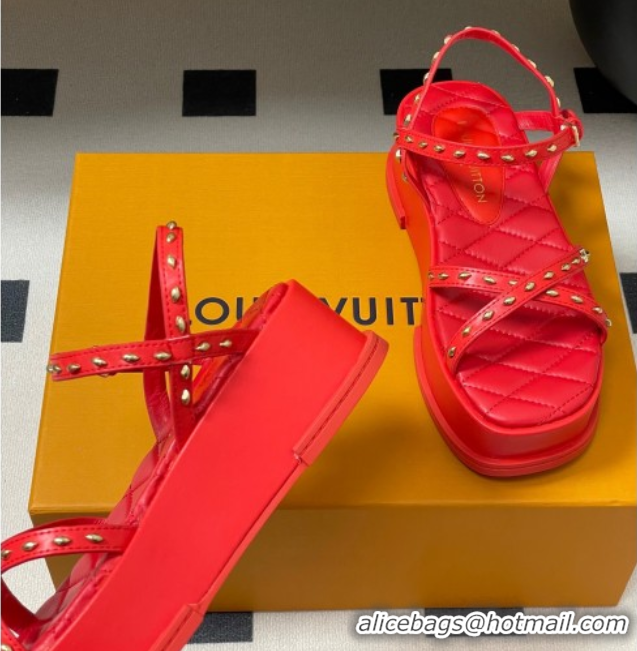 Luxurious Louis Vuitton Maya Platform Crisscross Sandals 5cm in Leather and Studs Red 0607078