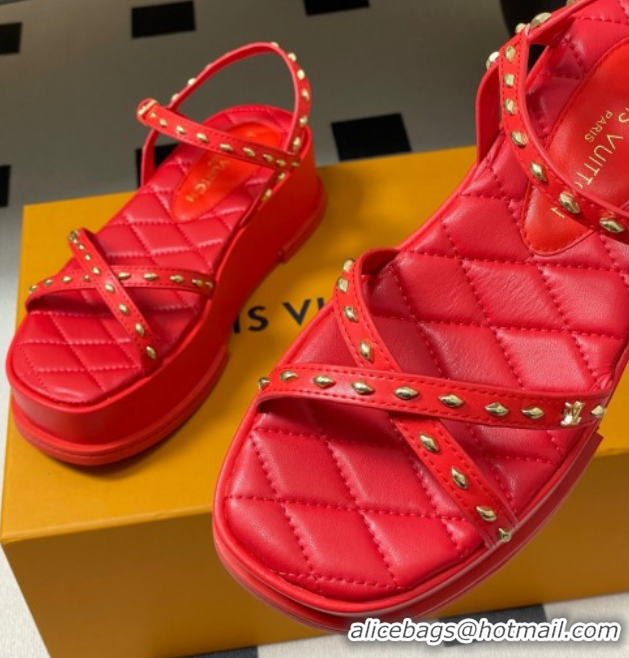 Luxurious Louis Vuitton Maya Platform Crisscross Sandals 5cm in Leather and Studs Red 0607078