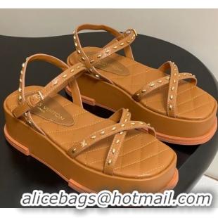 Buy Luxury Louis Vuitton Maya Platform Crisscross Sandals 5cm in Leather and Studs Brown 0607079