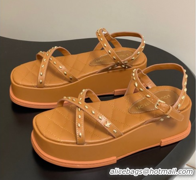 Buy Luxury Louis Vuitton Maya Platform Crisscross Sandals 5cm in Leather and Studs Brown 0607079