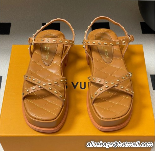 Buy Luxury Louis Vuitton Maya Platform Crisscross Sandals 5cm in Leather and Studs Brown 0607079