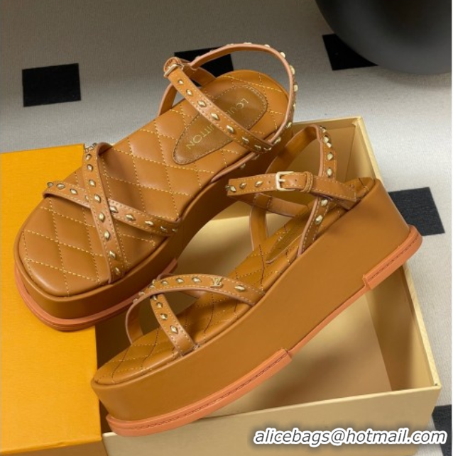 Buy Luxury Louis Vuitton Maya Platform Crisscross Sandals 5cm in Leather and Studs Brown 0607079