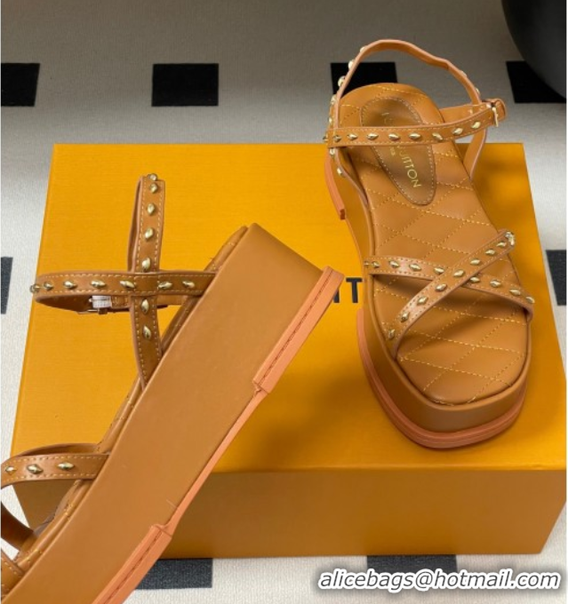 Buy Luxury Louis Vuitton Maya Platform Crisscross Sandals 5cm in Leather and Studs Brown 0607079