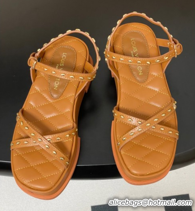 Buy Luxury Louis Vuitton Maya Platform Crisscross Sandals 5cm in Leather and Studs Brown 0607079