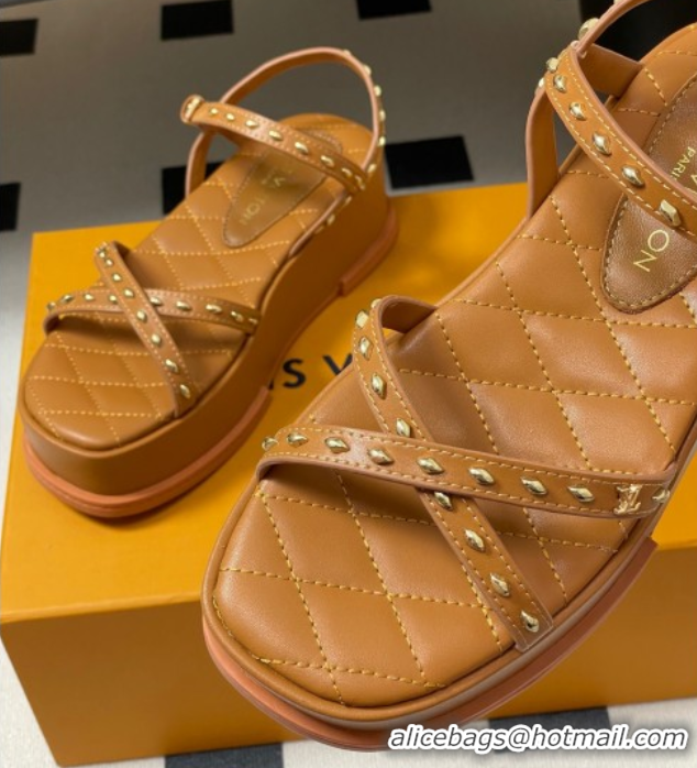 Buy Luxury Louis Vuitton Maya Platform Crisscross Sandals 5cm in Leather and Studs Brown 0607079