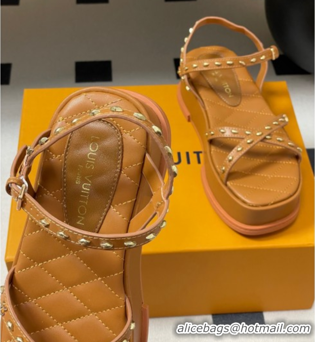 Buy Luxury Louis Vuitton Maya Platform Crisscross Sandals 5cm in Leather and Studs Brown 0607079