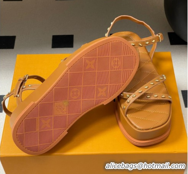Buy Luxury Louis Vuitton Maya Platform Crisscross Sandals 5cm in Leather and Studs Brown 0607079