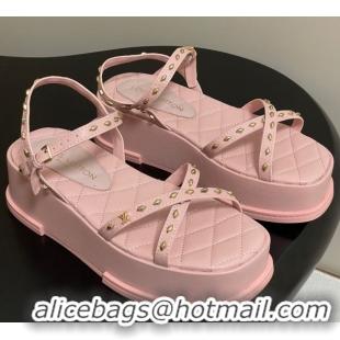 Durable Louis Vuitton Maya Platform Crisscross Sandals 5cm in Leather and Studs Light Pink 0607080