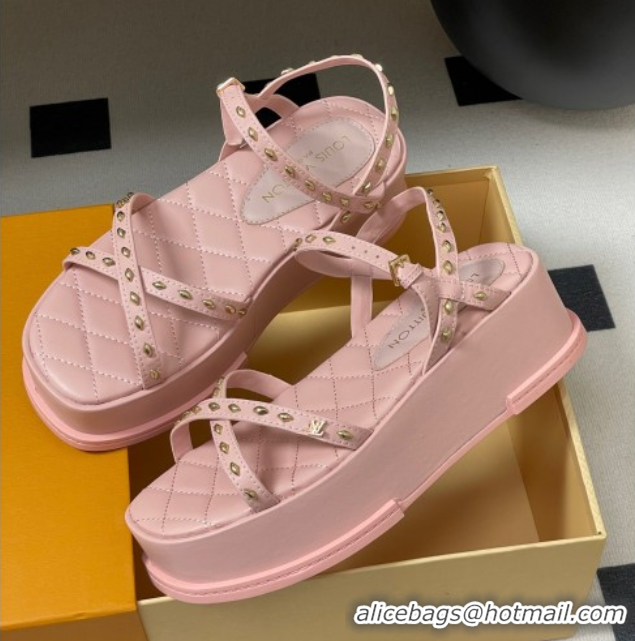 Durable Louis Vuitton Maya Platform Crisscross Sandals 5cm in Leather and Studs Light Pink 0607080