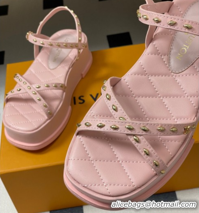 Durable Louis Vuitton Maya Platform Crisscross Sandals 5cm in Leather and Studs Light Pink 0607080
