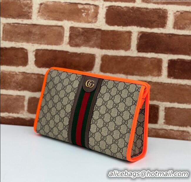 Luxury Cheap Gucci Ophidia GG Canvas Pouch with Fluorescent Orange Leather Trim 598234 2024