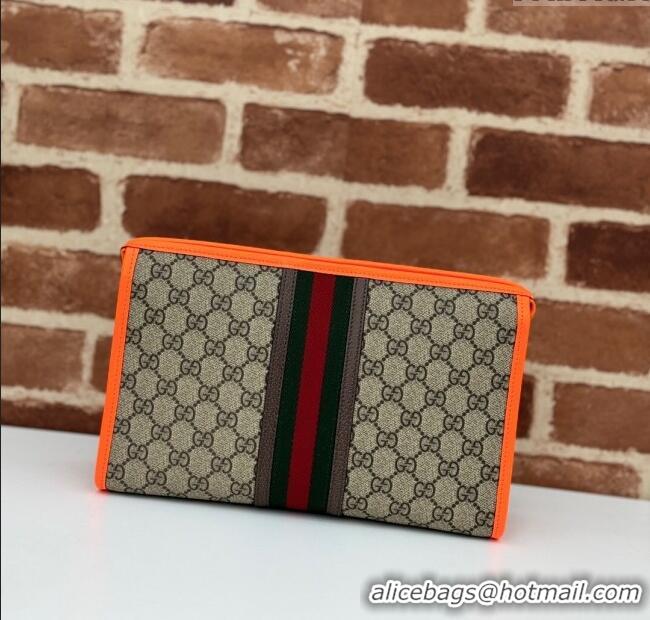 Luxury Cheap Gucci Ophidia GG Canvas Pouch with Fluorescent Orange Leather Trim 598234 2024