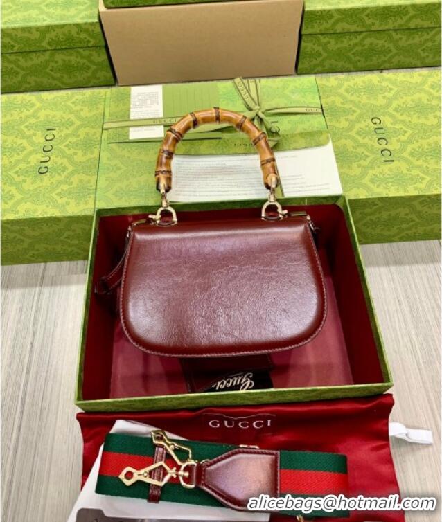 Top Grade Gucci Bamboo 1947 Crinkled Patent Leather Small Top Handle bag 675797 Burgundy 2024