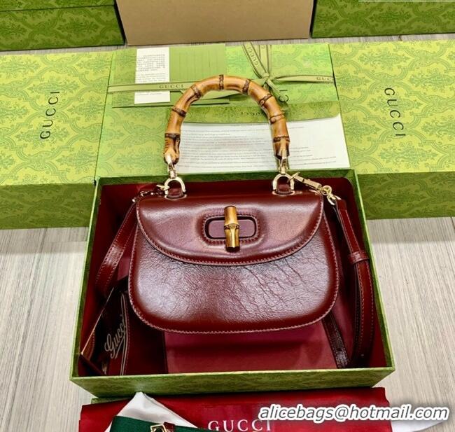Top Grade Gucci Bamboo 1947 Crinkled Patent Leather Small Top Handle bag 675797 Burgundy 2024