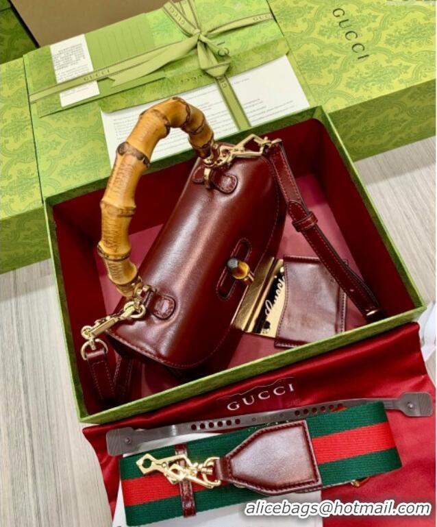 Top Grade Gucci Bamboo 1947 Crinkled Patent Leather Small Top Handle bag 675797 Burgundy 2024